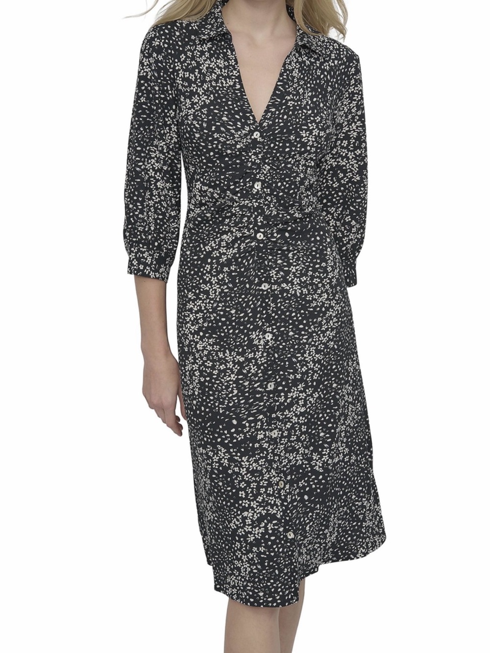 DKNY Black and White Printed Button-Front Midi Dress